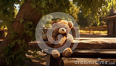 a teddy bear toy, seated on a rustic park table Stock Photo