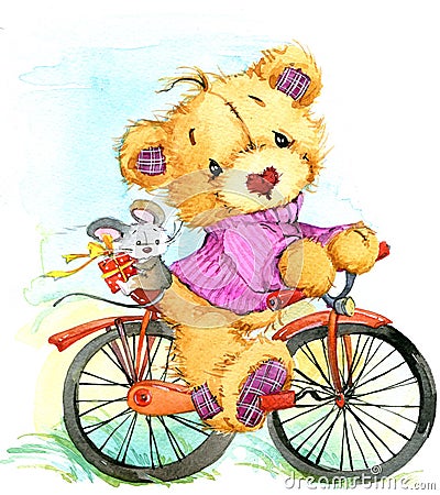 Teddy bear travel and bicycle. watercolor illustration Cartoon Illustration