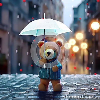 Teddy bear with umbrella on the street in rainy day, close up Stock Photo