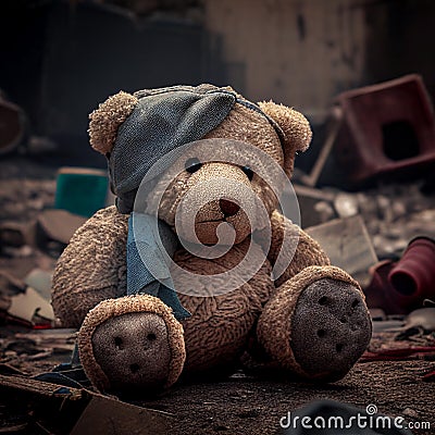 this teddy bear was left sitting on the rubble in a dilapidated building Cartoon Illustration