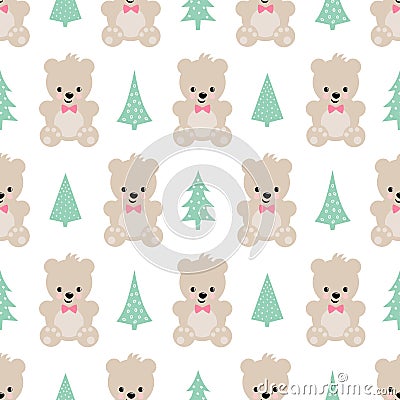 Teddy Bear with Xmas Trees seamless pattern on white background. Vector Illustration