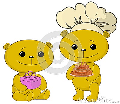 Teddy bears with cake and gift box Stock Photo