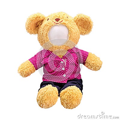 Teddy bears doll isolated on white background. Bear`s doll in pink uniform. Blank face toy for design Stock Photo