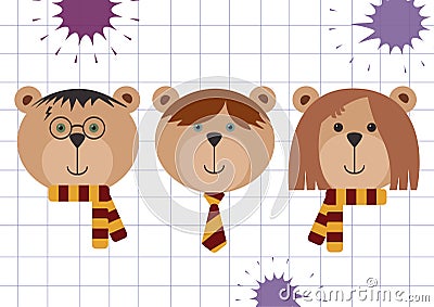 Teddy bears in Harry Potter, Ron Weasley and Hermione Granger disguise. Back to school vector illustration, flat style, checkered Vector Illustration