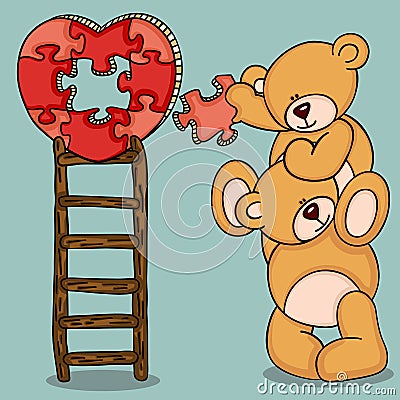 Teddy bears with heart shaped puzzle on top ladder Vector Illustration