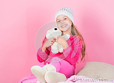 Teddy bears improve psychological wellbeing. Kid little girl play with soft toy teddy bear pink background. Child small Stock Photo