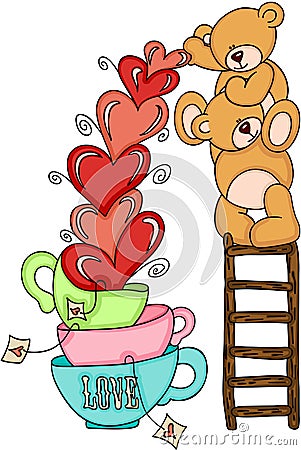 Teddy bears on top ladder with hearts love cups Vector Illustration