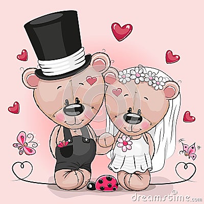 Teddy Bride and Teddy groom on a pink background Vector Illustration