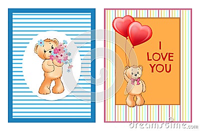 Teddy Girl with Bouquet of Flowers Boy Balloons Vector Illustration