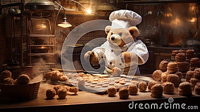 Teddy's Bakehouse: Chef Teddybear Creating Sweet Delights in the Bakery Stock Photo