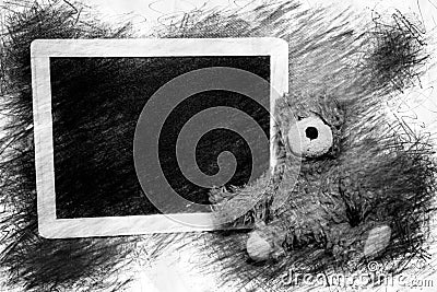 Teddybear sitting next to chalkboard in pencil drawing style Stock Photo