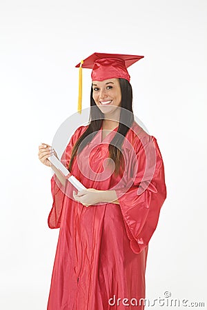 Beautiful Caucasian woman wearing a red graduation gown holding diploma Stock Photo