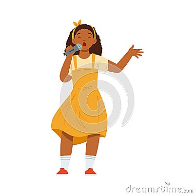 Teen African American Girl Standing and Singing with Microphone Performing on Stage Vector Illustration Vector Illustration