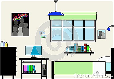 Teen Bedroom with Furniture and Fittings Vector Illustration