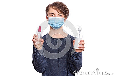 Teen boy with antiseptic Stock Photo