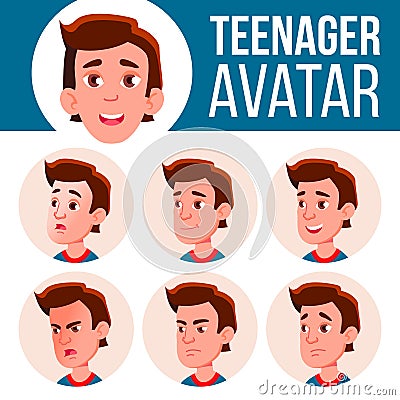 Teen Boy Avatar Set Vector. Face Emotions. Facial, People. Active, Joy. Cartoon Head Illustration Vector Illustration