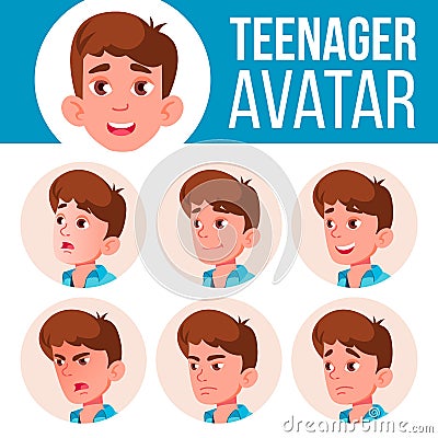 Teen Boy Avatar Set Vector. Face Emotions. User, Character. Fun, Cheerful. Cartoon Head Illustration Vector Illustration