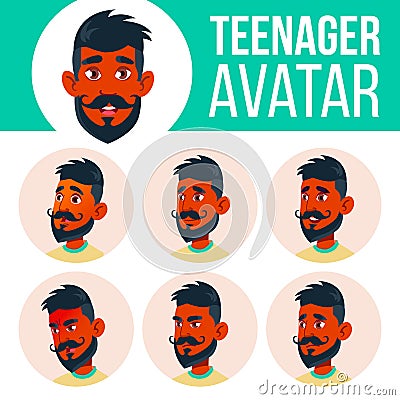 Teen Boy Avatar Set Vector. Indian, Hindu. Asian. Face Emotions. Expression, Positive Person. Beauty, Lifestyle. Cartoon Vector Illustration