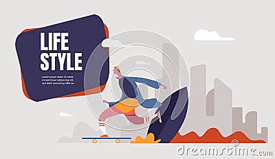 Teen boy in baseball cap riding on skateboard. Kid accelerating doing leg pushing. Young skateboarder. Flat style Vector Illustration