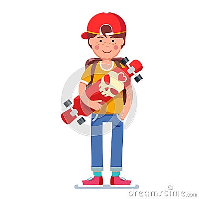 Teen boy in cap standing and holding skateboard Vector Illustration