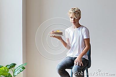 Teen boy celebrates his birthday Stock Photo
