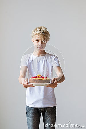 Teen boy celebrates his birthday Stock Photo