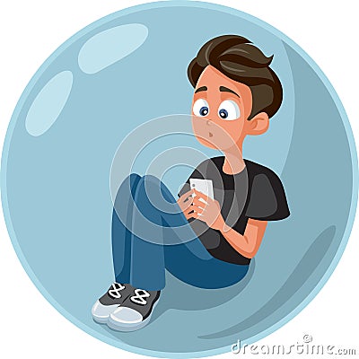 Teen Boy Checking Smartphone Living in a Bubble Vector Illustration