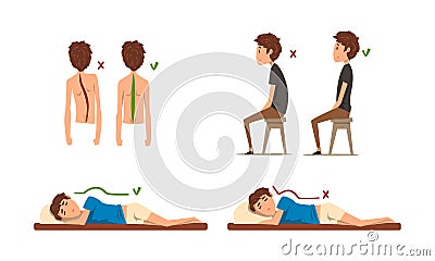 Teen Boy Demonstrating Wrong and Correct Spine Posture Vector Set Vector Illustration