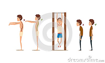 Teen Boy Demonstrating Wrong and Correct Spine Posture Vector Set Vector Illustration