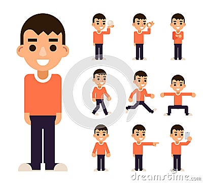 Teen Boy in Different Poses and Actions Characters Icons Set Isolated Flat Design Vector Illustration Vector Illustration