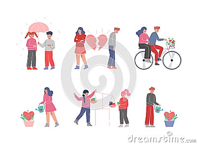 Teen Boy and Girl Experiencing First Love with Broken Heart and Watering Plant Vector Set Vector Illustration