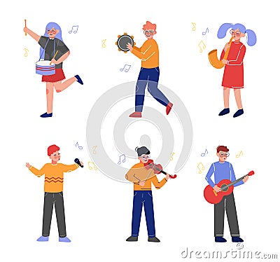 Teen Boy and Girl Playing Musical Instrument as Talented Musician Character Vector Set Stock Photo