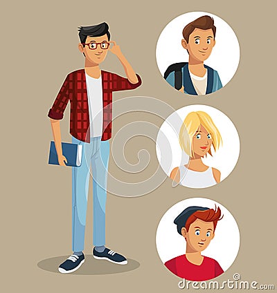 Teen boy with glasses book friends icons Vector Illustration