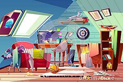 Teen boy messy attic room interior cartoon vector Vector Illustration