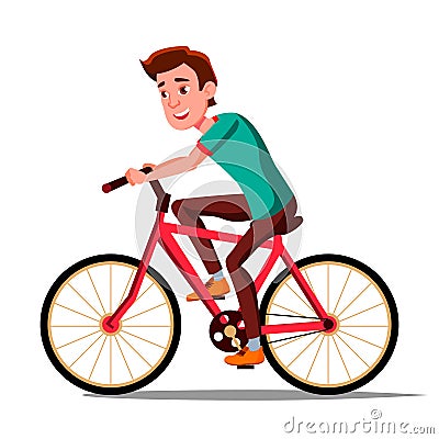 Teen Boy Riding On Bicycle Vector. Healthy Lifestyle. Bikes. Outdoor Sport Activity. Isolated Illustration Vector Illustration