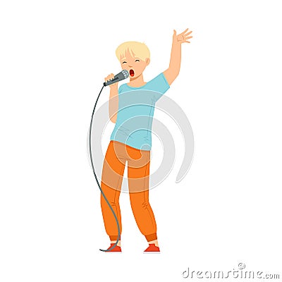 Teen Boy Standing and Singing with Microphone Performing on Stage Vector Illustration Vector Illustration