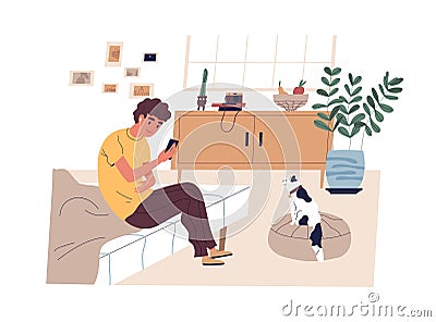 Teen boy surfing internet, listening to music and taking photo of cat at home. Modern teenager sitting on bed and using Vector Illustration