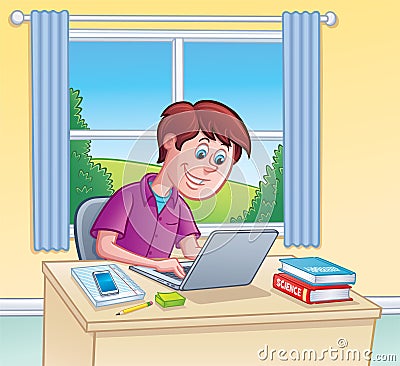 Teen Boy Using Laptop Computer for Homework Cartoon Illustration