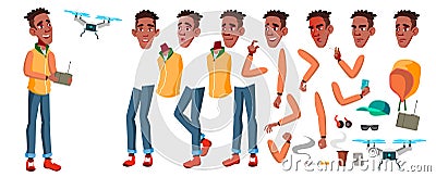 Teen Boy Vector. Animation Creation Set. Black. Afro American. Face Emotions, Gestures. Adult People. Casual. Animated Vector Illustration