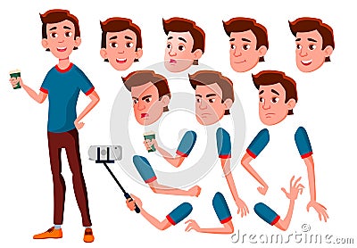 Teen Boy Vector. Teenager. Face. Children. Face Emotions, Various Gestures. Animation Creation Set. Isolated Flat Vector Illustration