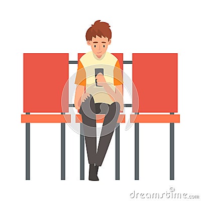 Teen Boy Waiting at Airport Terminal for Flight, Boy Sitting on Chair with Smartphone at Waiting Room Vector Vector Illustration