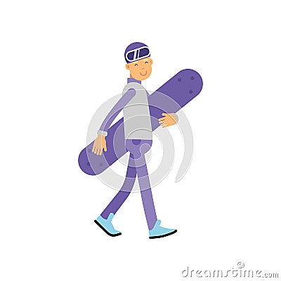 Teen boy walking with snowboard, boy doing sport, active lifestyle vector Illustration Vector Illustration