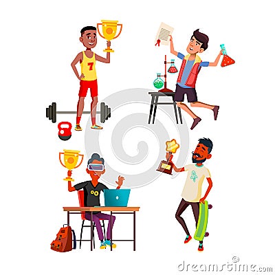 Teen Boy With Winning Trophy Cup Award Set Vector Vector Illustration