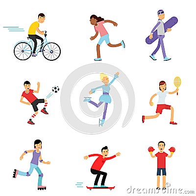 Teen boys and girls engaging in different sports activities, sportive children practicing in class gym and outdoors Vector Illustration