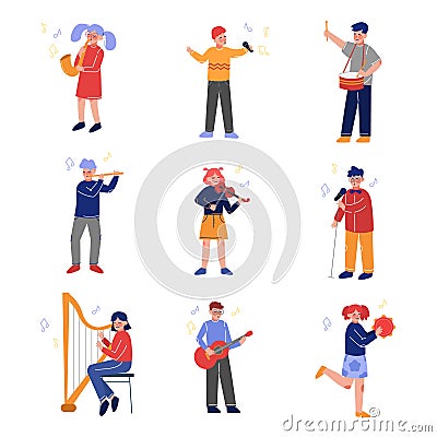 Teen Children Playing Different Musical Instruments and Singing, Talented Boys and Girls Playing Guitar, Violin, Drum Vector Illustration