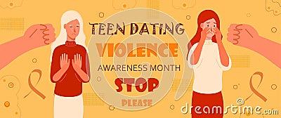 Teen dating violence awareness month is celebrated in February on USA. Victim scene. Stressed person in shame and hands Vector Illustration