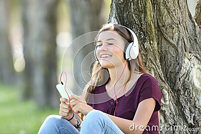 Teen feeling music on line outdoors Stock Photo