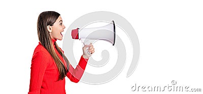 teen girl announcer with loudspeaker isolated on white banner. teen girl announcer Stock Photo