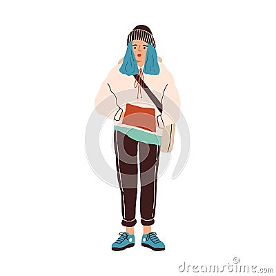 Teen girl with blue colored hair wearing trendy street style outfit. Modern teenager look. Young female in a sweatpants Vector Illustration