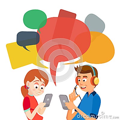 Teen Girl And Boy Messaging Vector. Communicate On Internet. Chatting On Network. Using Smartphone. Chat Bubbles. Vector Illustration